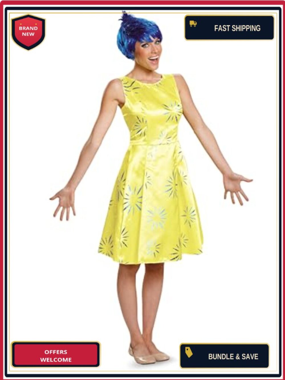 Disguise Inside Out Joy Adult Costume Dress Satin Foil Print with Wig